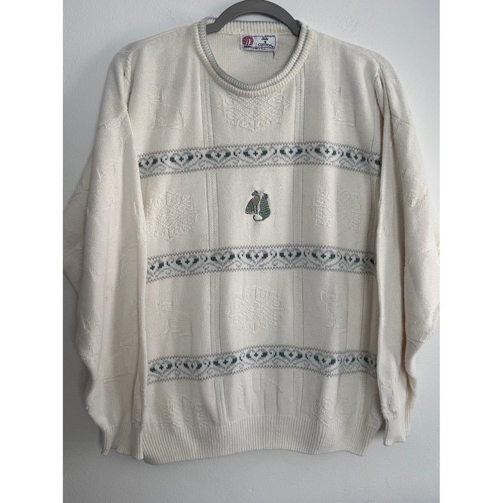 Vintage Isle of Cotton Cat Lady Sweater XL Fair Isle Granny Prairie Cottagecore
